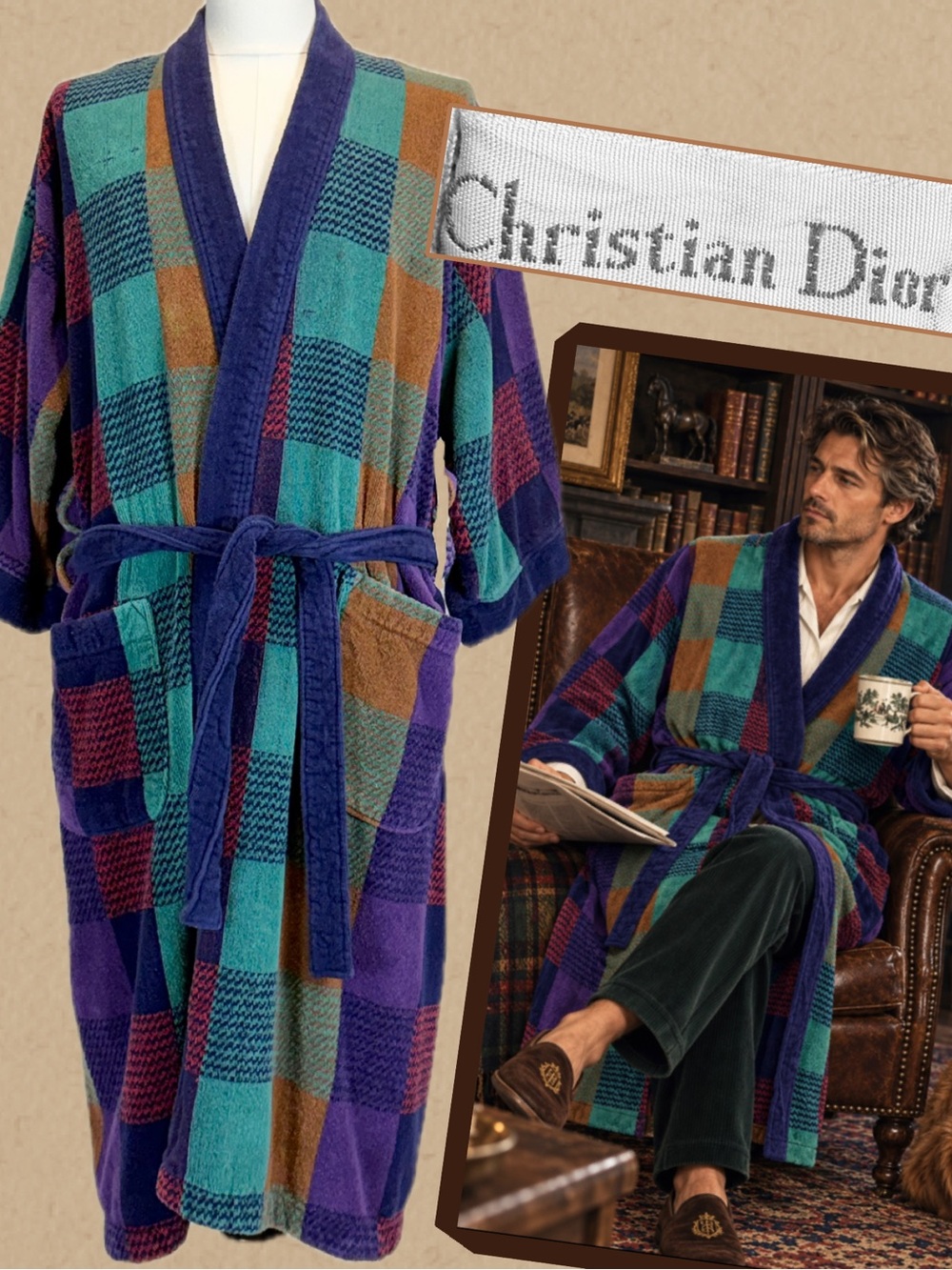 VINTAGE Christian Dior men’s luxury robe Turkish cotton jewel plaid loungewear